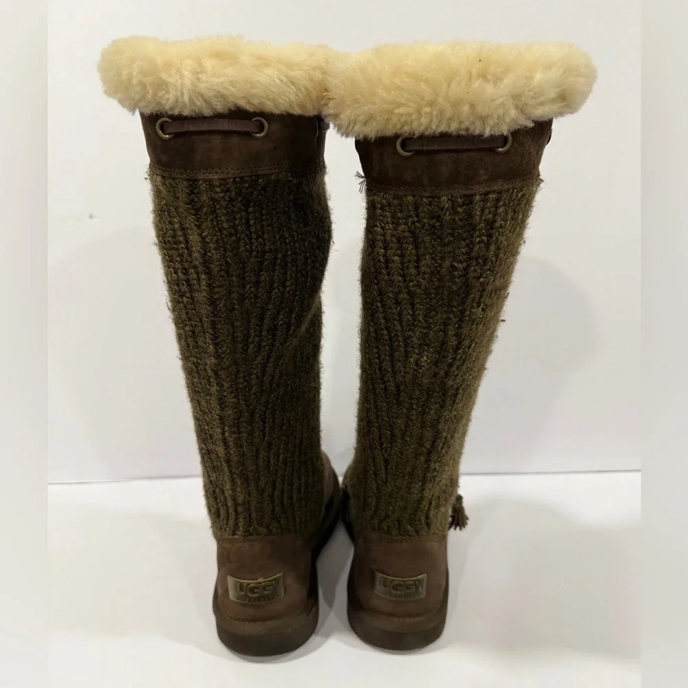 UGG Australia Tall Knit Shearling Boots Brown Leather Tassel Women’s 6